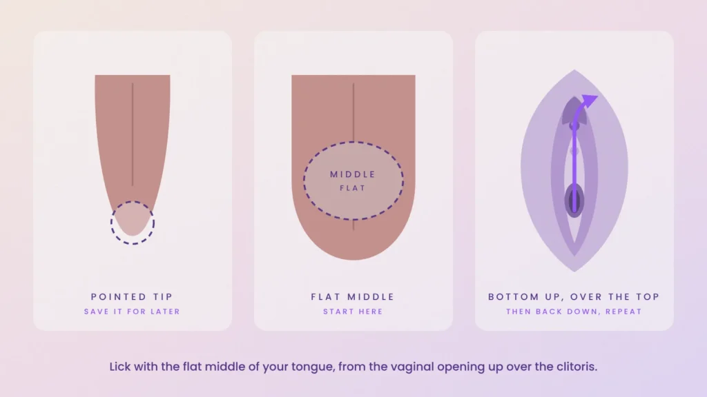 Pointed tongue tip versus the flat middle of the tongue, and the lick path from the vaginal opening up over the clitoris