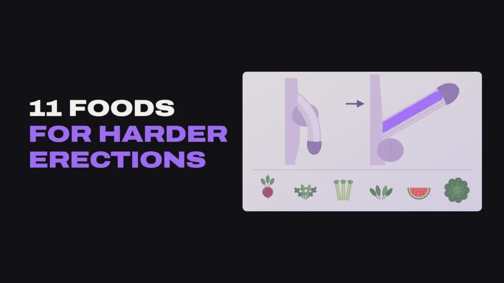 Side-view diagram of a soft penis next to an erect penis, with beets, rocket, celery, spinach, watermelon and Chinese flat cabbage