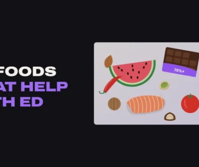 Title card reading 23 Foods That Help With ED beside illustrated foods including watermelon, dark chocolate, avocado, salmon, tomatoes and nuts