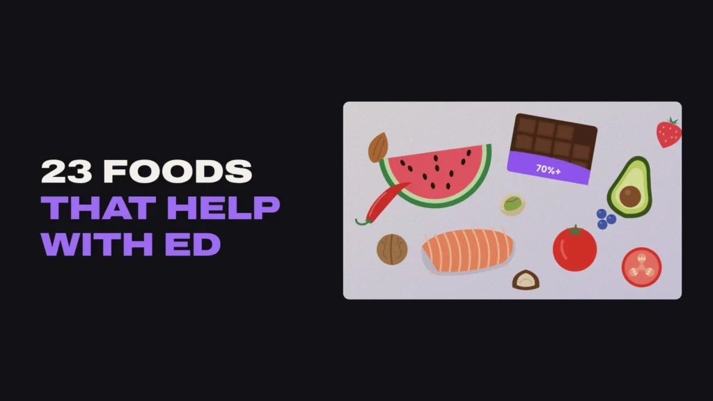 Title card reading 23 Foods That Help With ED beside illustrated foods including watermelon, dark chocolate, avocado, salmon, tomatoes and nuts