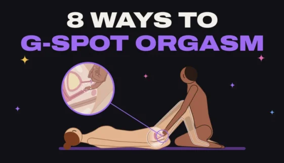 Illustration of a woman on her back and a man kneeling between her legs, with a magnified cross-section of his middle finger hooked up onto her G-spot