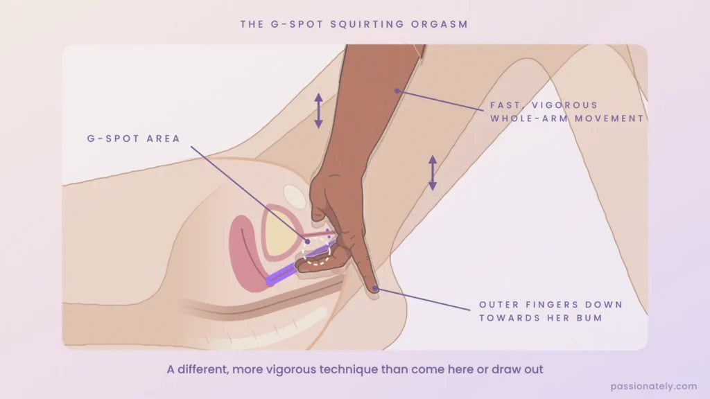 Cross-section diagram of the two-finger squirting technique with fast, vigorous whole-arm movement