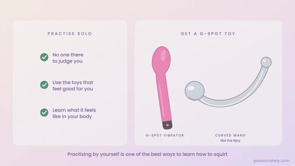 A pink G-spot vibrator and a curved steel G-spot wand for practising squirting solo