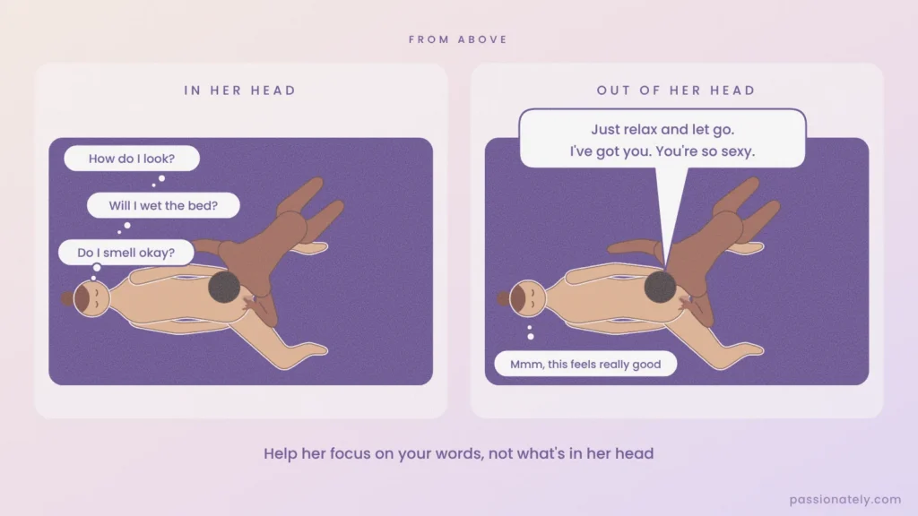 Illustration from above: a woman worrying how she looks while being fingered, compared with her partner reassuring her and her enjoying it
