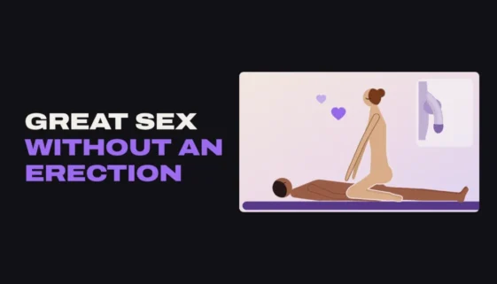 Illustration of a woman on top of a man lying on his back, with a small diagram of a soft penis