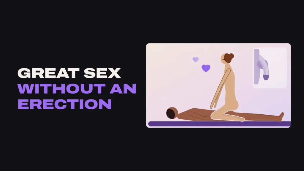 Illustration of a woman on top of a man lying on his back, with a small diagram of a soft penis