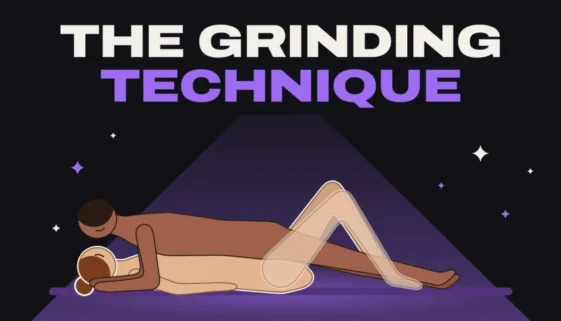 Illustration of a couple in missionary with him shifted up to grind on her clit, under the title The Grinding Technique