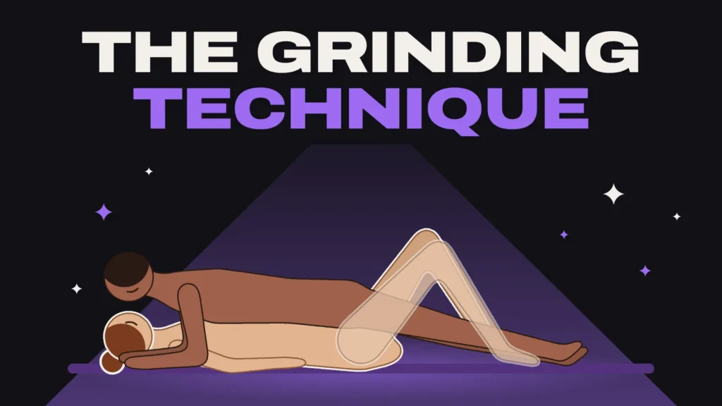 Illustration of a couple in missionary with him shifted up to grind on her clit, under the title The Grinding Technique
