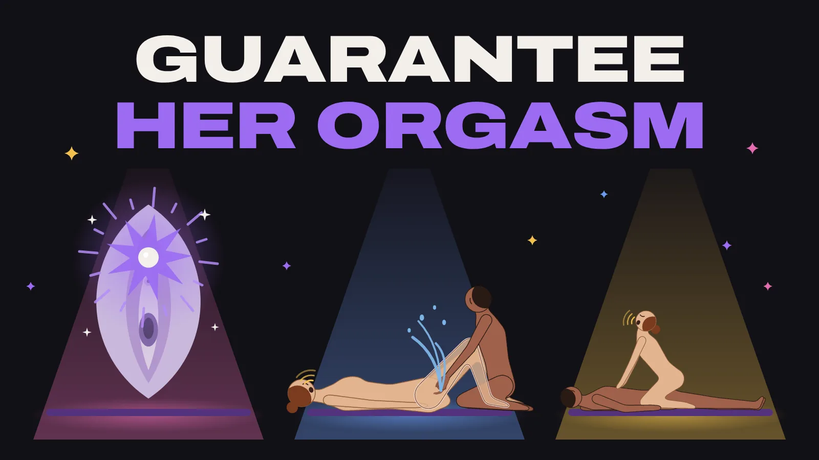Dark title card reading Guarantee Her Orgasm with three spotlit illustrations: a vulva with the clitoris lit up, a man fingering a woman who is squirting, and a woman on top arching back in orgasm