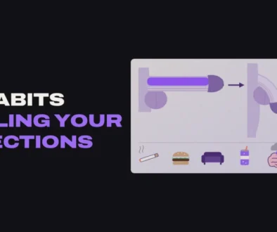 Diagram of an erect penis with blood-filled chambers beside a soft penis, above icons of a cigarette, burger, couch, soda, a stressed brain and a nearly empty glass of water