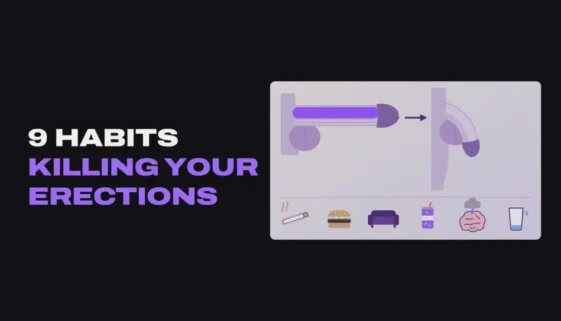 Diagram of an erect penis with blood-filled chambers beside a soft penis, above icons of a cigarette, burger, couch, soda, a stressed brain and a nearly empty glass of water