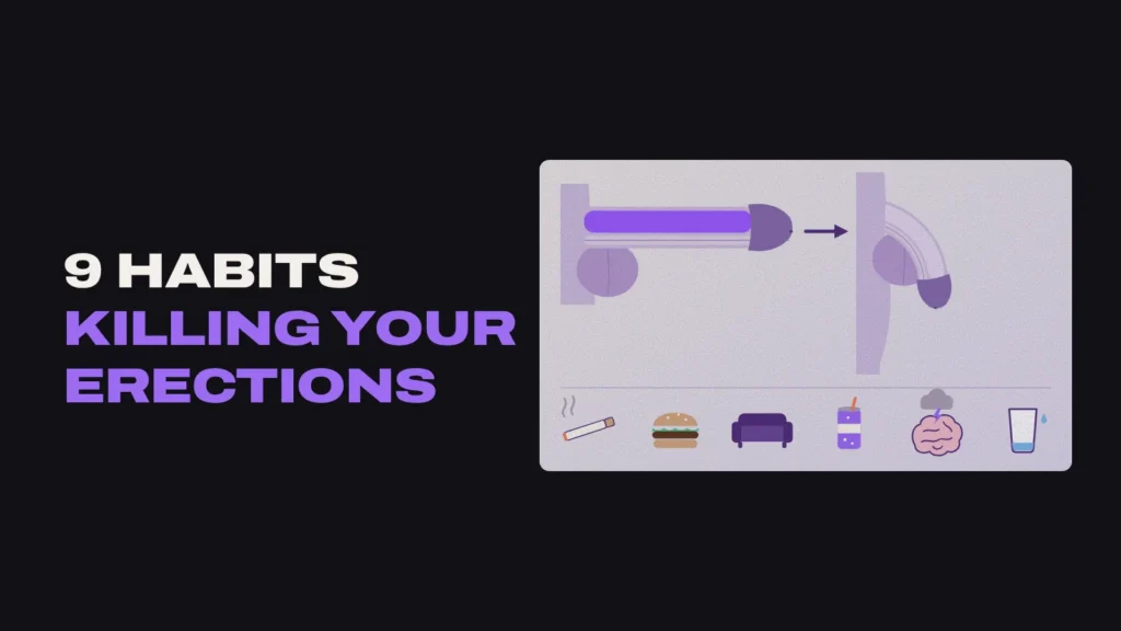 Diagram of an erect penis with blood-filled chambers beside a soft penis, above icons of a cigarette, burger, couch, soda, a stressed brain and a nearly empty glass of water