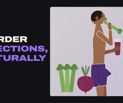 Illustration of a man eating celery and holding a glass of beet juice, with the title Harder Erections, Naturally