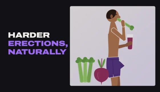 Illustration of a man eating celery and holding a glass of beet juice, with the title Harder Erections, Naturally