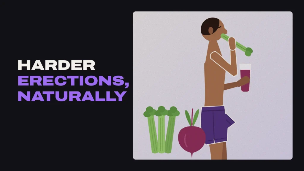 Illustration of a man eating celery and holding a glass of beet juice, with the title Harder Erections, Naturally