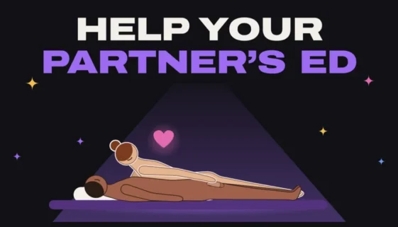 Illustration of a couple in bed, the woman propped beside her partner with her hand on his soft penis