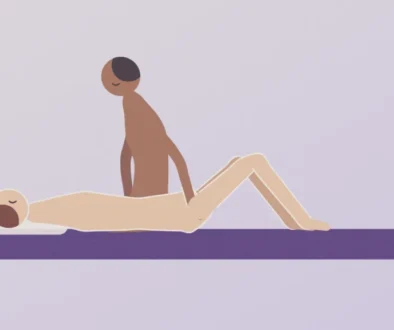 Illustration of a man kneeling beside his partner on a bed, his hand resting at her hip