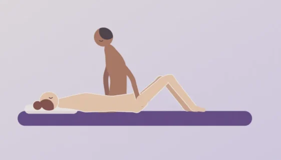 Illustration of a man kneeling beside his partner on a bed, his hand resting at her hip