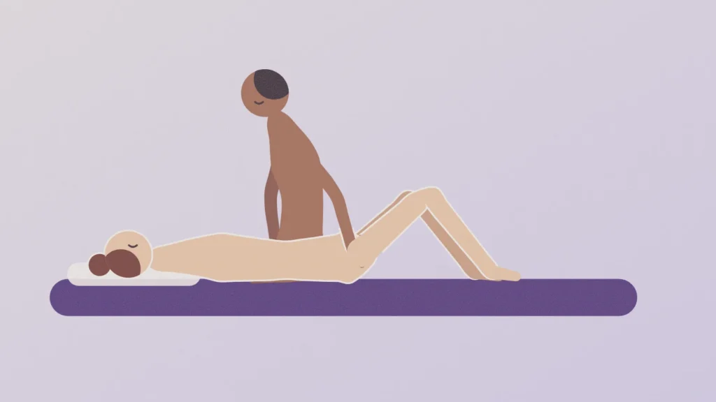 Illustration of a man kneeling beside his partner on a bed, his hand resting at her hip