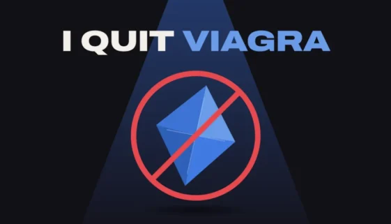 Blue diamond-shaped pill crossed out under a spotlight, titled I Quit Viagra