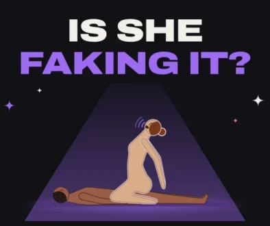 Illustration of a woman in cowgirl position arching her back in orgasm, with the title Is She Faking It?