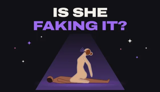 Illustration of a woman in cowgirl position arching her back in orgasm, with the title Is She Faking It?