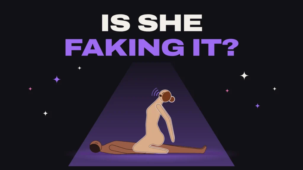 Illustration of a woman in cowgirl position arching her back in orgasm, with the title Is She Faking It?