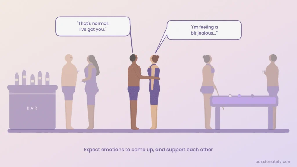 Illustration of a man hugging his partner in a swingers club as she says she feels a bit jealous