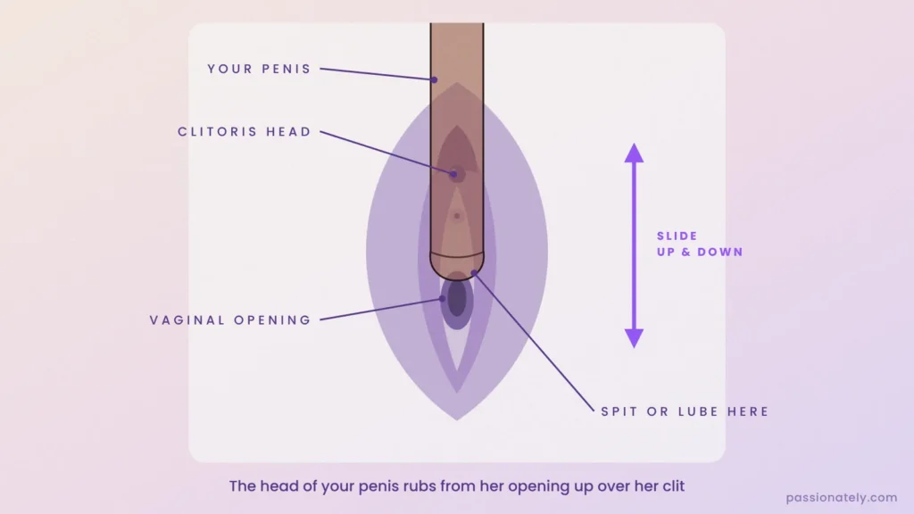Front view of the penis pointed down, sliding up and down along her vulva