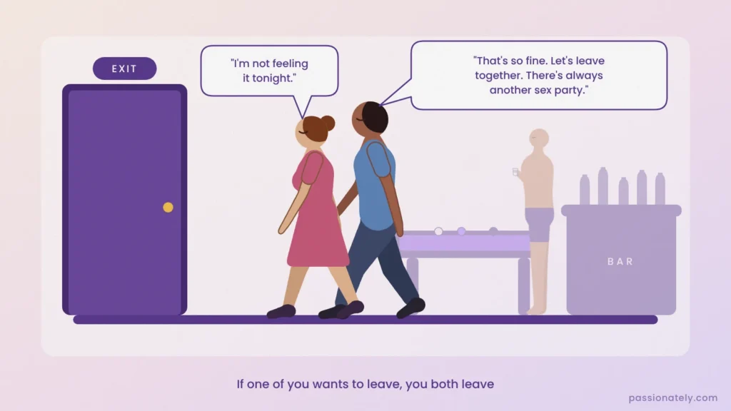Illustration of a couple leaving a swingers club together through the exit door