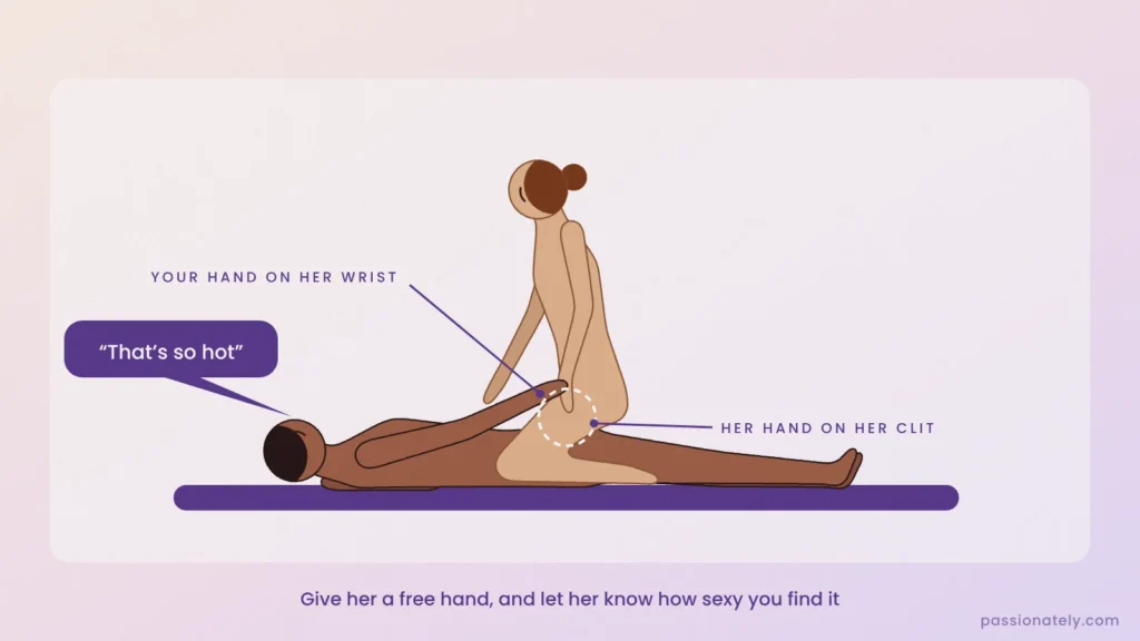 Illustration of cowgirl with her hand on her clit and his hand on her wrist