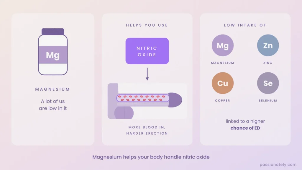 Magnesium bottle, magnesium helping nitric oxide fill the penis with blood, and low magnesium, zinc, copper and selenium linked to ED