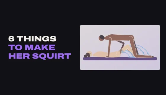 Illustration of a woman lying on her back with her knees up while her partner kneels over her, fingering her as she squirts