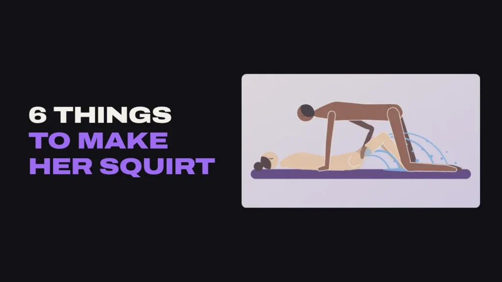Illustration of a woman lying on her back with her knees up while her partner kneels over her, fingering her as she squirts