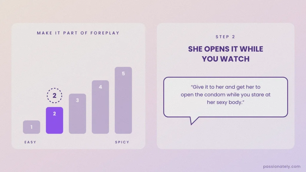 Ladder of ways to make putting on a condom part of foreplay, step 2: she opens the condom while you watch