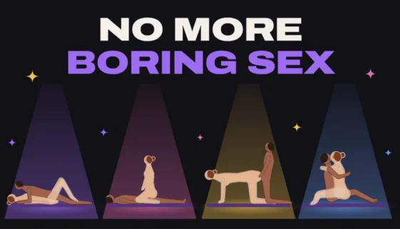 Title card reading No More Boring Sex over four couples in missionary, cowgirl, doggy and lotus under coloured spotlights