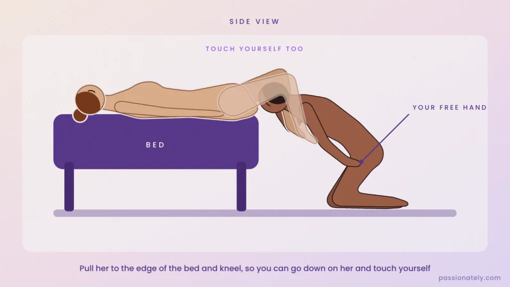 Illustration of a woman lying at the edge of the bed while her partner kneels on the floor, going down on her and touching himself
