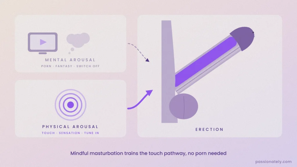 Diagram showing two pathways to an erection: mental arousal from porn and fantasy, and physical arousal from touch and sensation