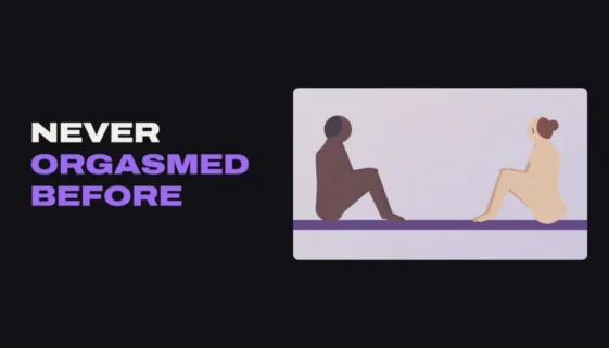 Title card reading Never Orgasmed Before beside an illustration of a couple sitting facing each other