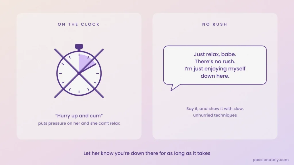 Crossed out stopwatch next to a speech bubble saying just relax, there is no rush