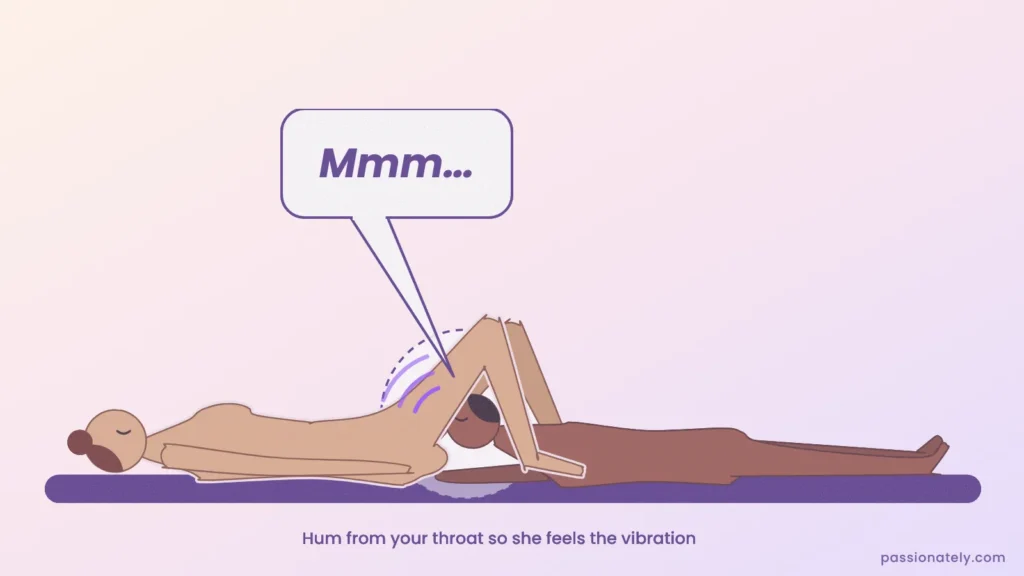 Illustration of a man going down on a woman and humming “Mmm” so she feels the vibration