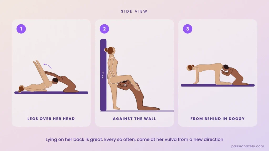 Illustrations of three oral sex positions: her legs pushed over her head, standing against the wall, and from behind in doggy style