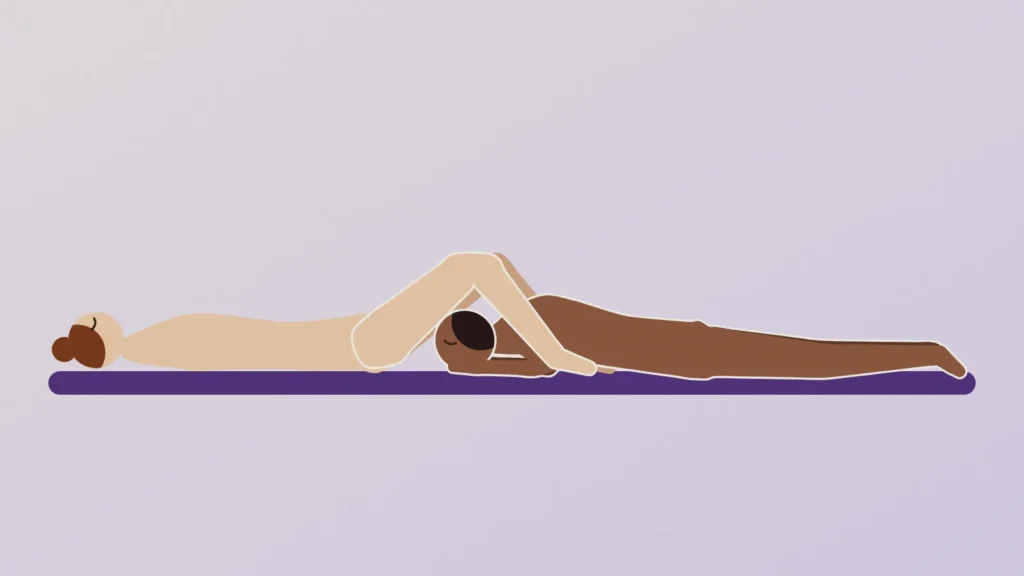 Illustration from the side of a man lying between his partner's legs to go down on her while she lies on her back with knees up