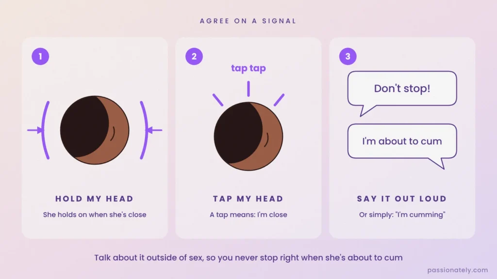 Illustration of three oral sex signals: she holds your head, taps your head, or says she is about to cum