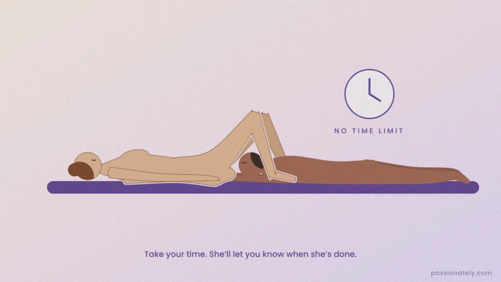 Illustration of a man lying between a woman’s legs for oral sex with a clock showing no time limit