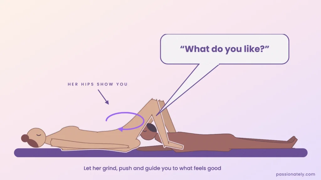Illustration of a woman guiding her partner with her hips while he asks “What do you like?”