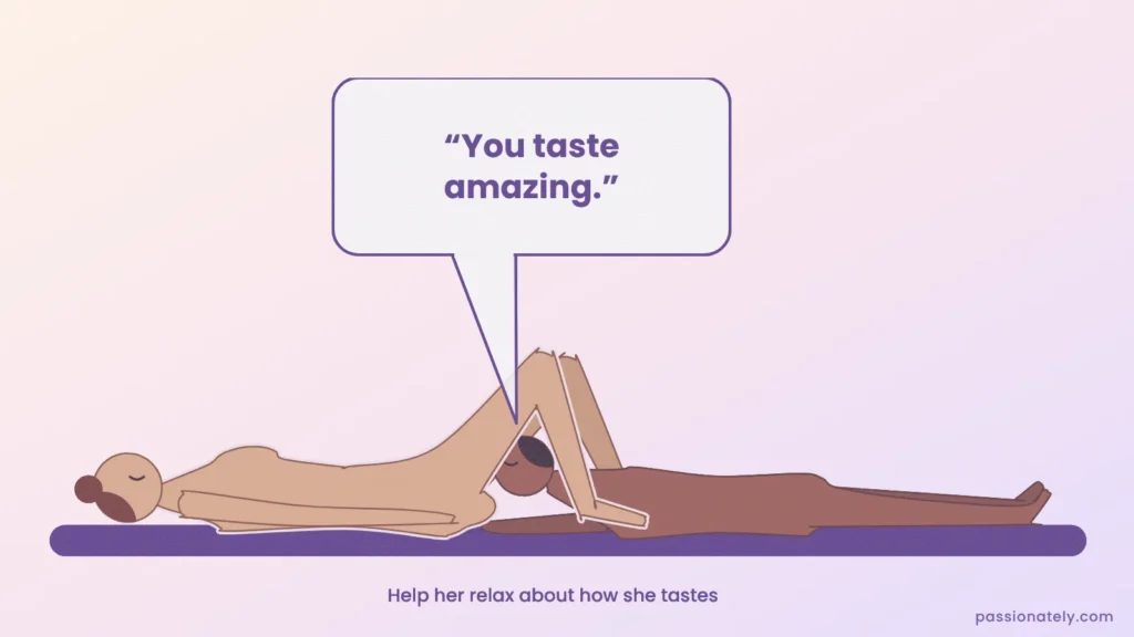 Illustration of a man going down on a woman saying “You taste amazing”