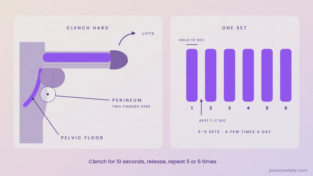 Diagram of the pelvic floor and perineum with a penis lifting as you clench, plus one set of six 10 second holds
