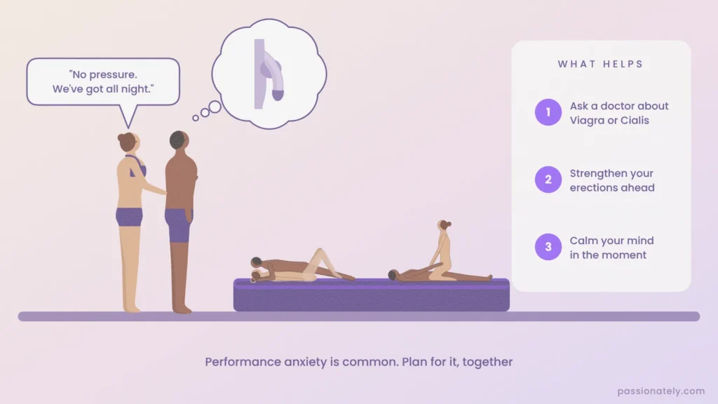 Illustration of a man with performance anxiety in a swingers club play room while his partner reassures him