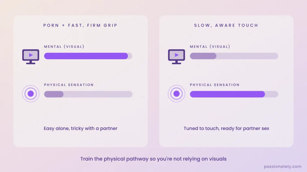 Bar chart comparing mental and physical arousal pathways for porn with a firm grip versus slow aware touch